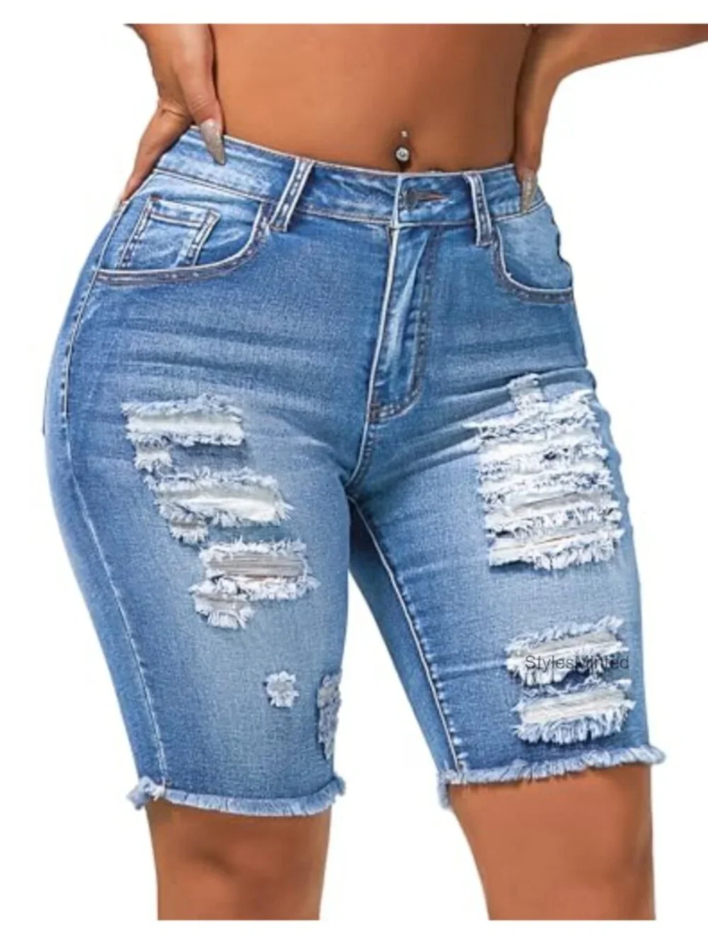 Ripped Stretchy Long Jean Shorts Mid Rise Frayed Cut Off Bermuda Shorts